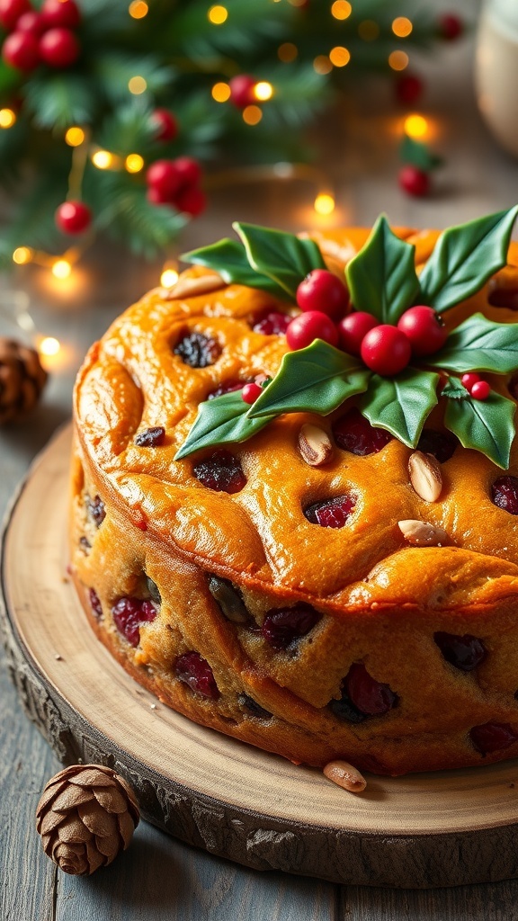 A traditional Christmas fruit cake decorated with holly and berries, surrounded by festive decorations.